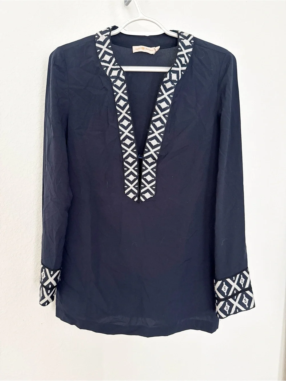 Tory Burch Black Tunic with White Geometric Trim